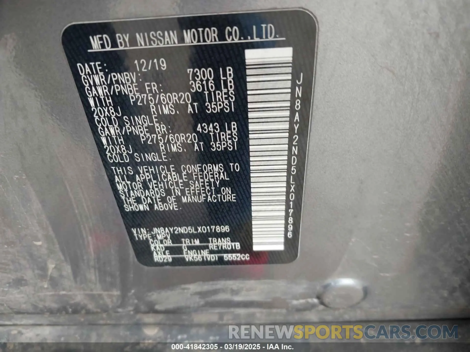 9 Photograph of a damaged car JN8AY2ND5LX017896 NISSAN ARMADA 2020