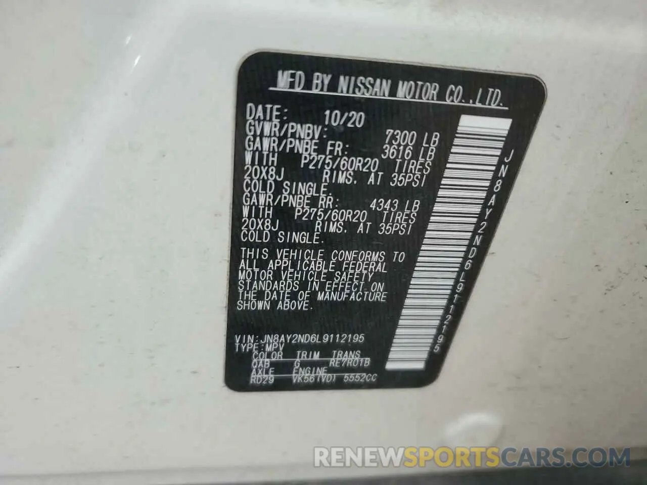 13 Photograph of a damaged car JN8AY2ND6L9112195 NISSAN ARMADA 2020