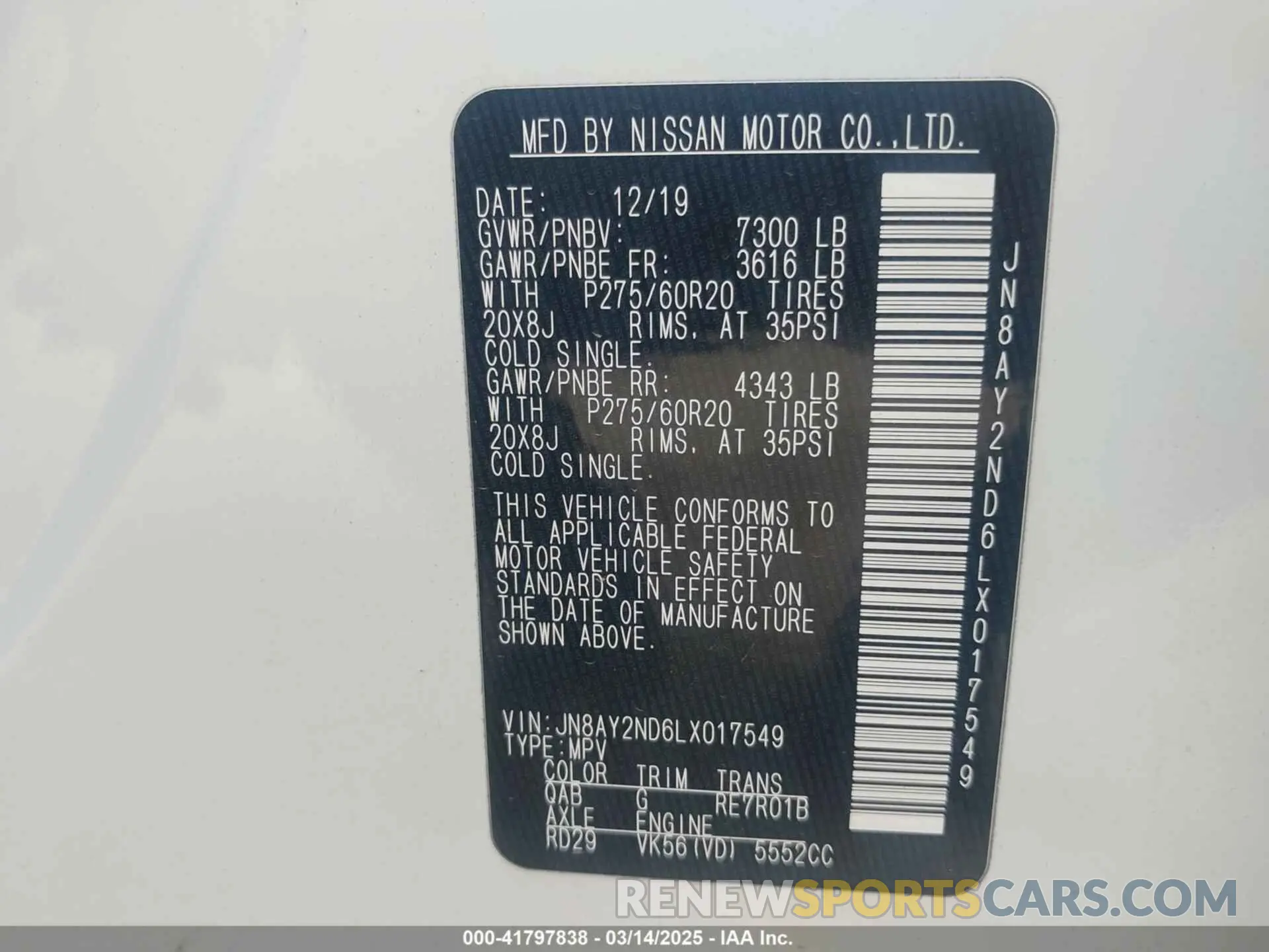 9 Photograph of a damaged car JN8AY2ND6LX017549 NISSAN ARMADA 2020