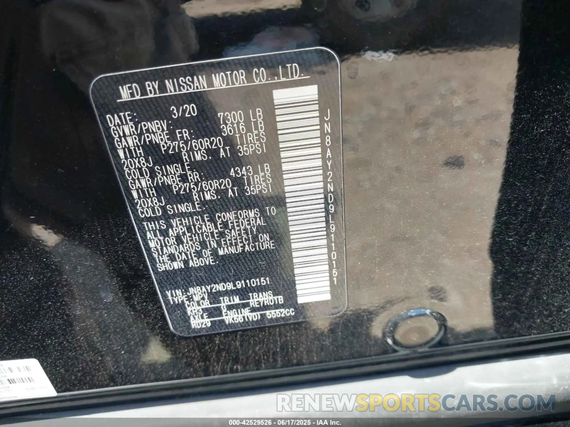 9 Photograph of a damaged car JN8AY2ND9L9110151 NISSAN ARMADA 2020