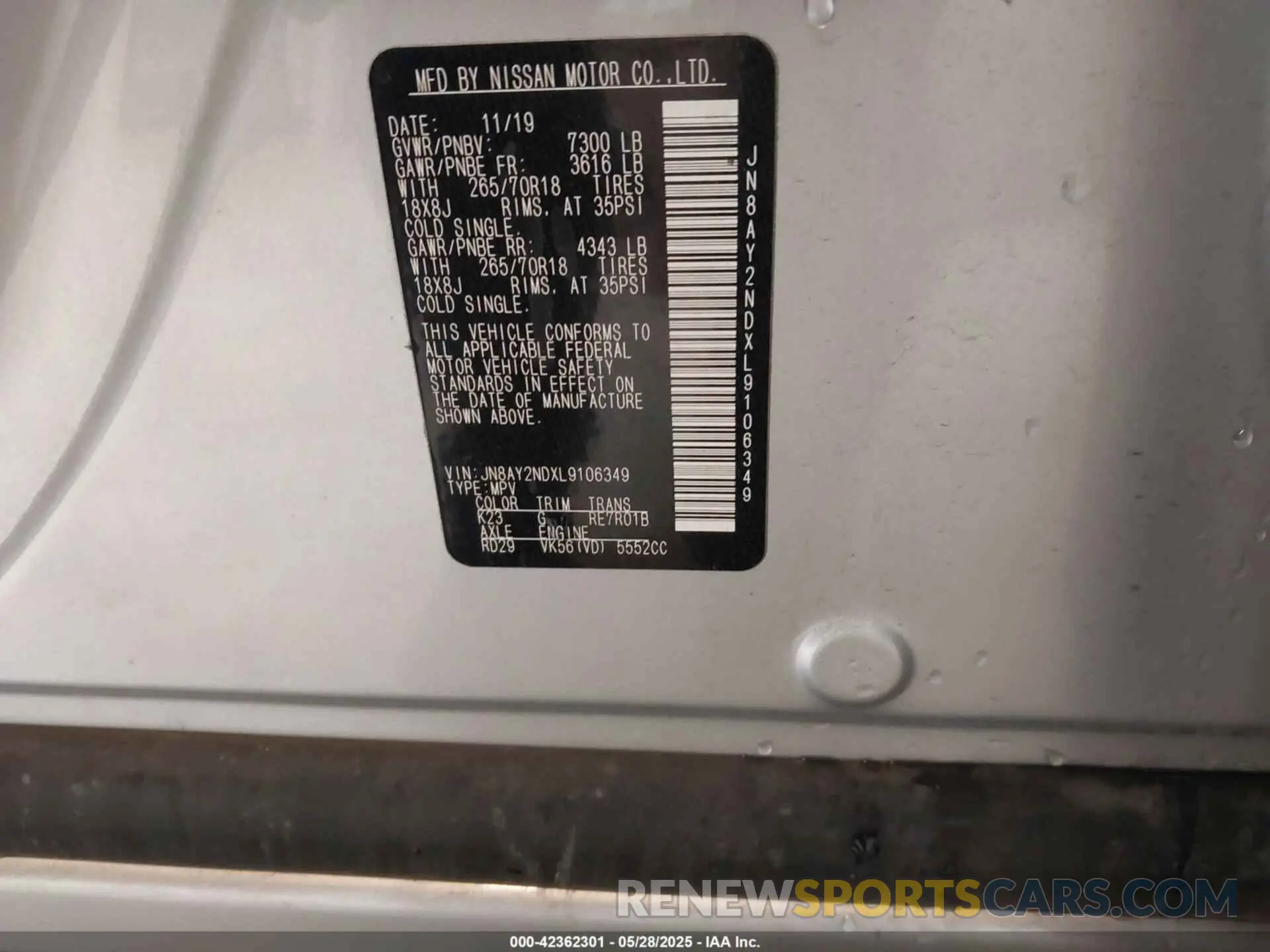 9 Photograph of a damaged car JN8AY2NDXL9106349 NISSAN ARMADA 2020