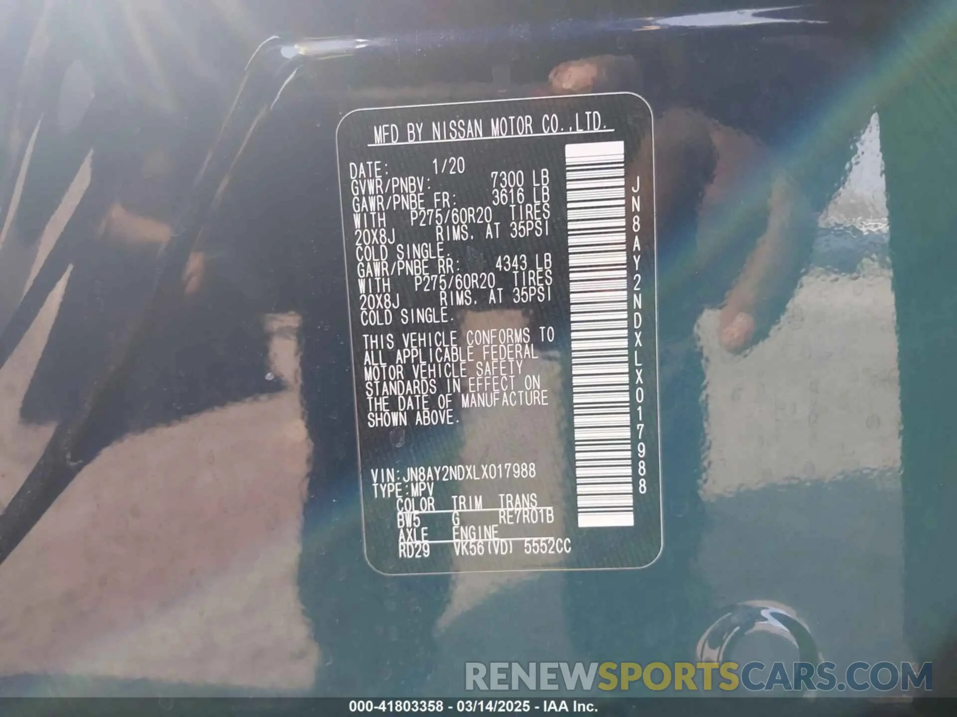 9 Photograph of a damaged car JN8AY2NDXLX017988 NISSAN ARMADA 2020