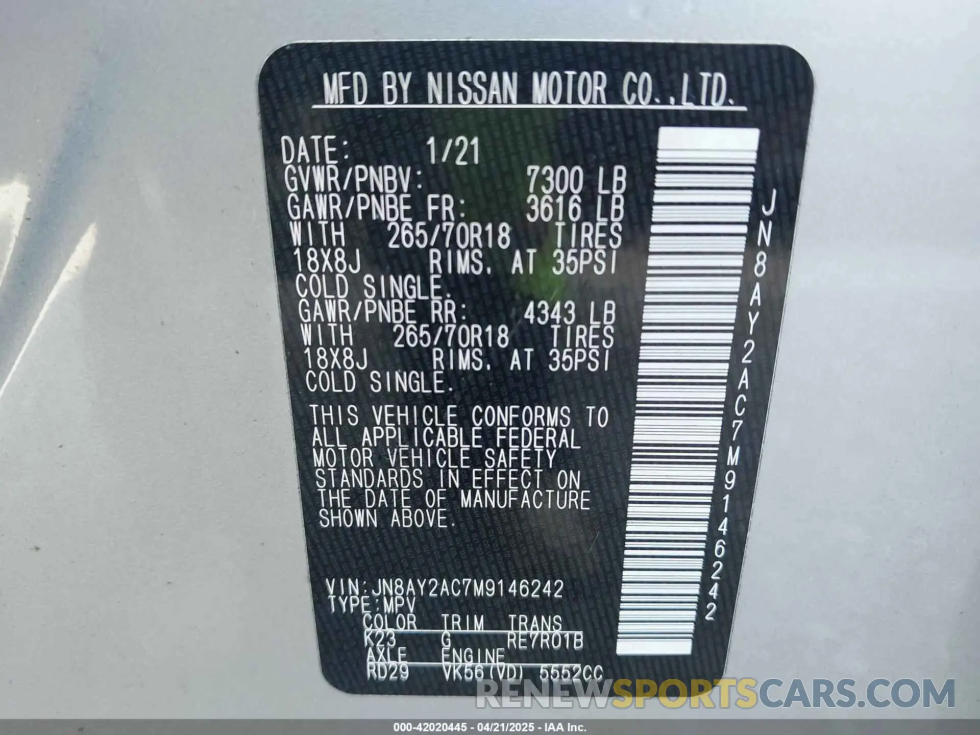9 Photograph of a damaged car JN8AY2AC7M9146242 NISSAN ARMADA 2021