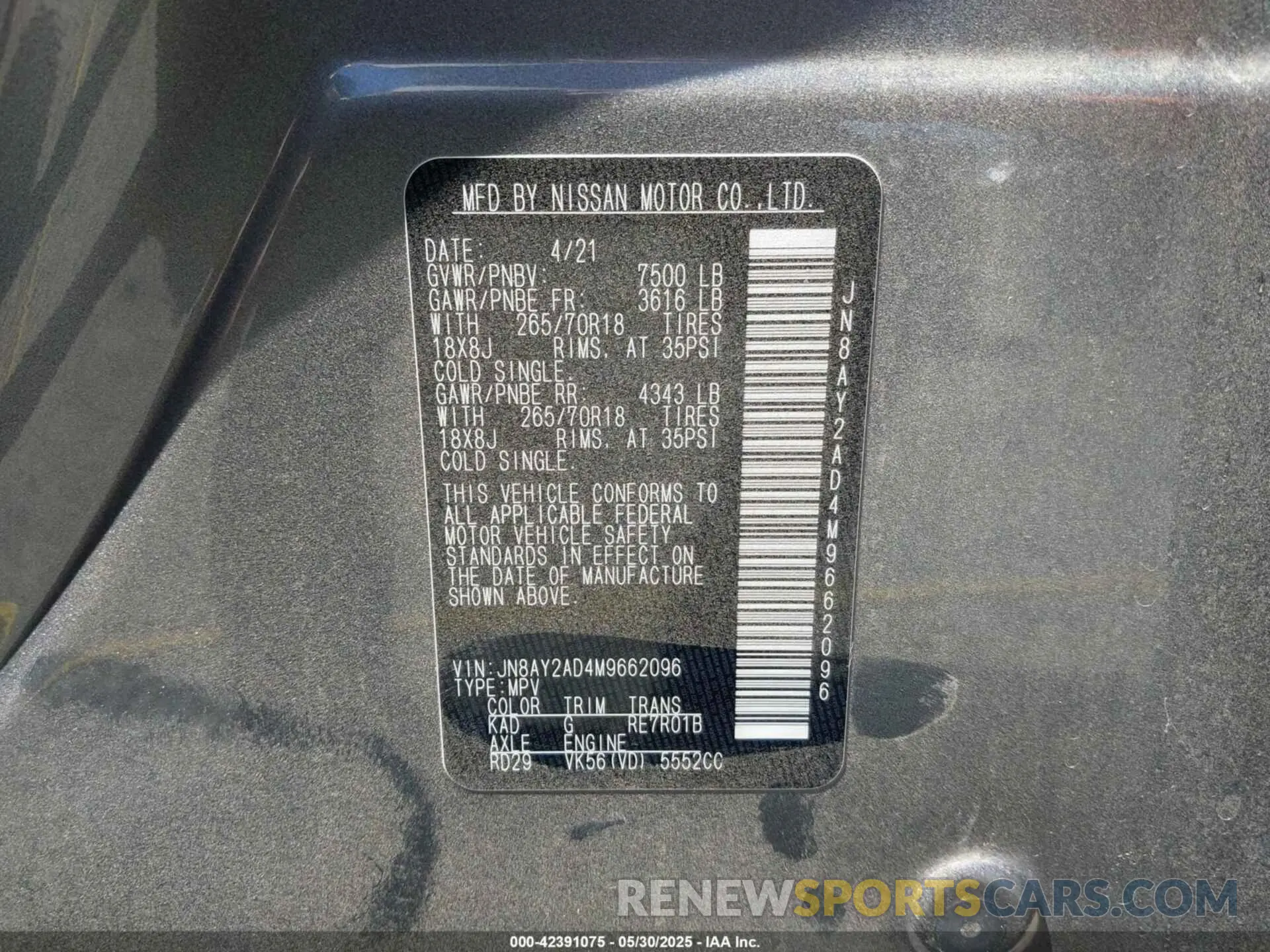 9 Photograph of a damaged car JN8AY2AD4M9662096 NISSAN ARMADA 2021