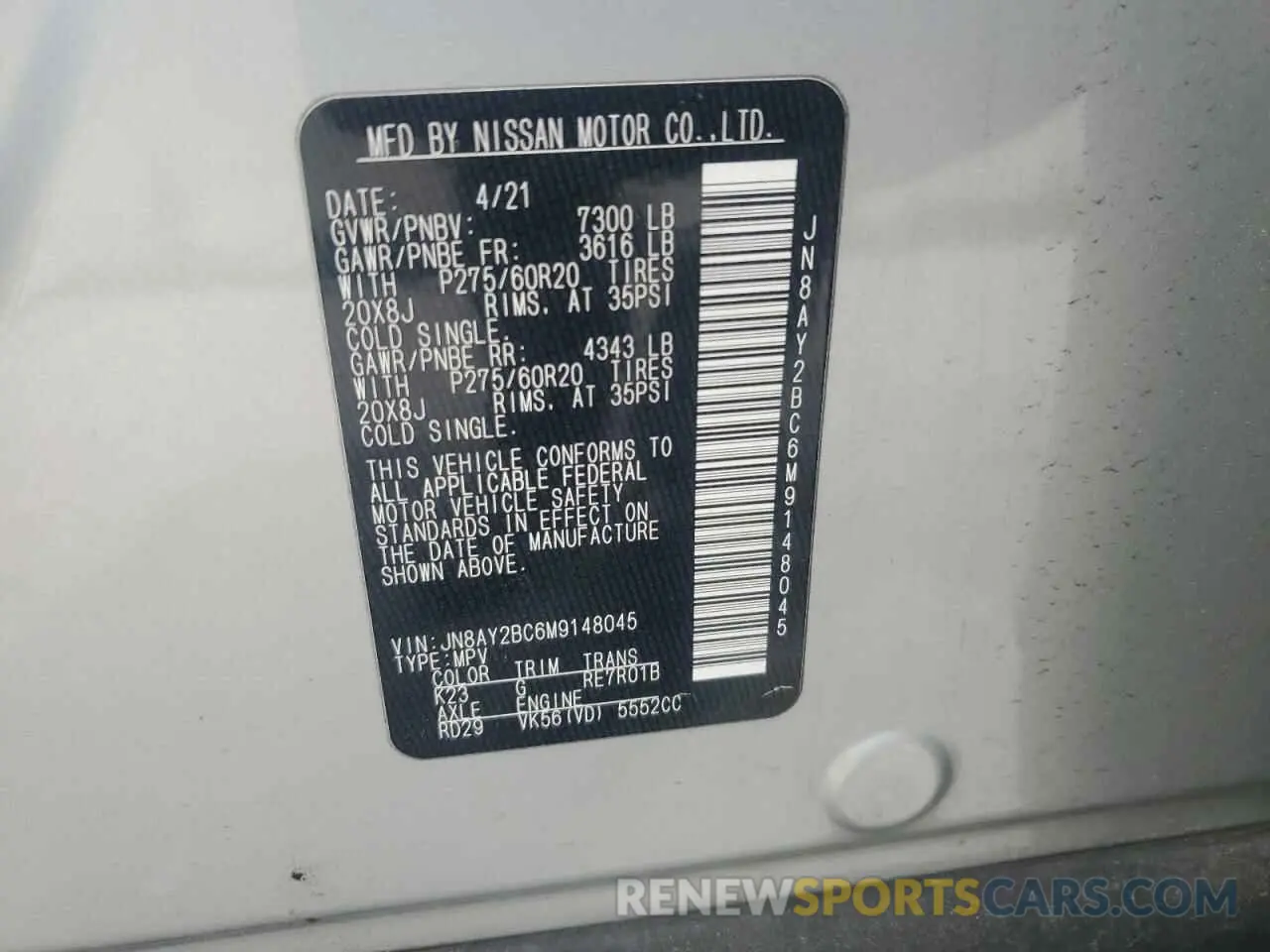 14 Photograph of a damaged car JN8AY2BC6M9148045 NISSAN ARMADA 2021