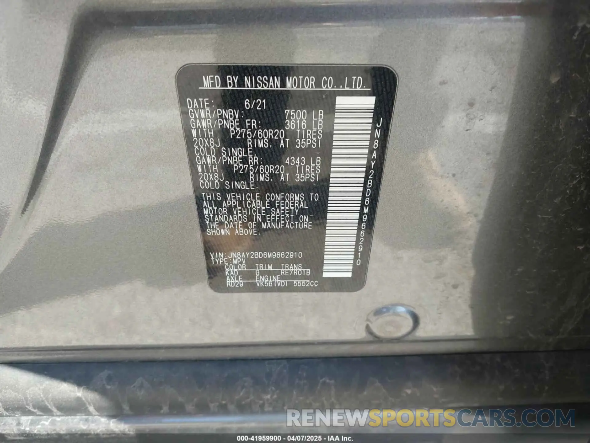 9 Photograph of a damaged car JN8AY2BD6M9662910 NISSAN ARMADA 2021