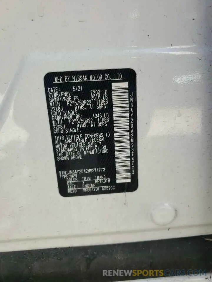 13 Photograph of a damaged car JN8AY2DA2M9374773 NISSAN ARMADA 2021