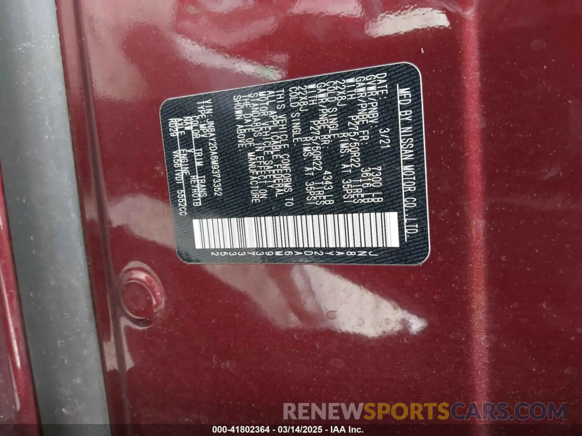 9 Photograph of a damaged car JN8AY2DA6M9373352 NISSAN ARMADA 2021
