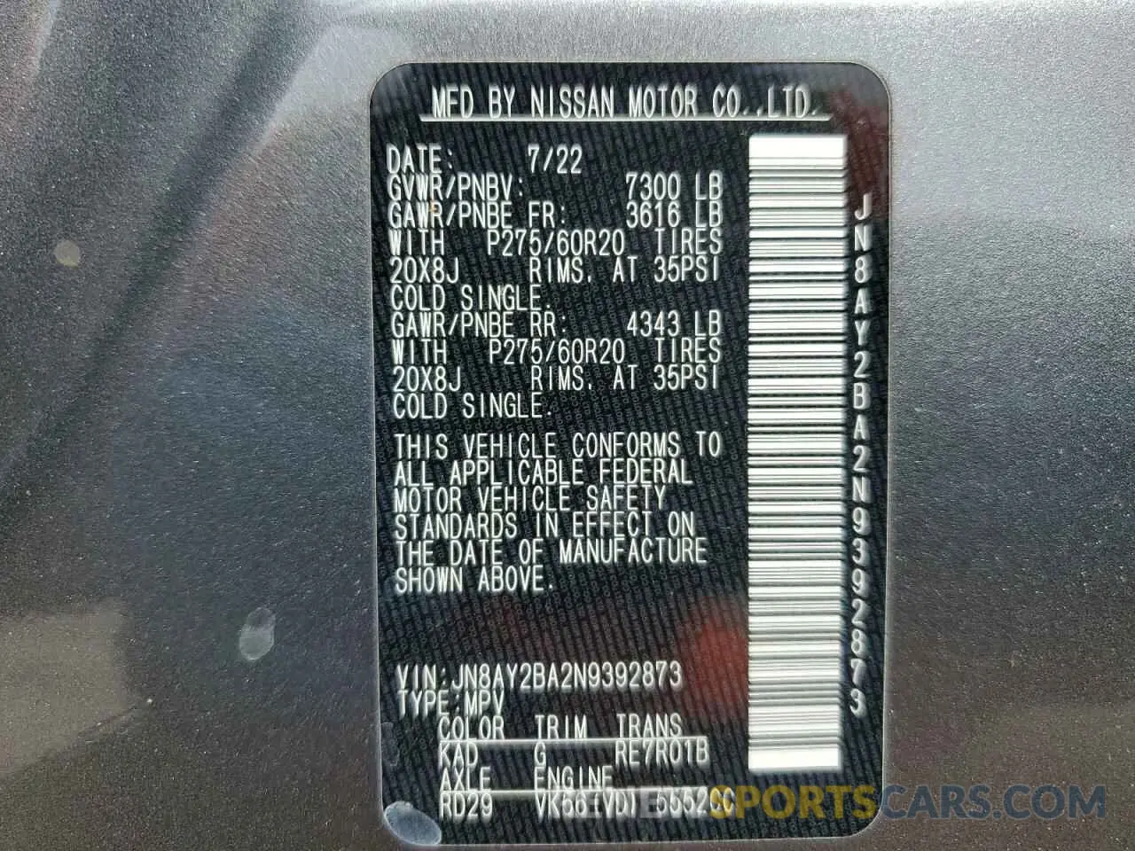 15 Photograph of a damaged car JN8AY2BA2N9392873 NISSAN ARMADA 2022