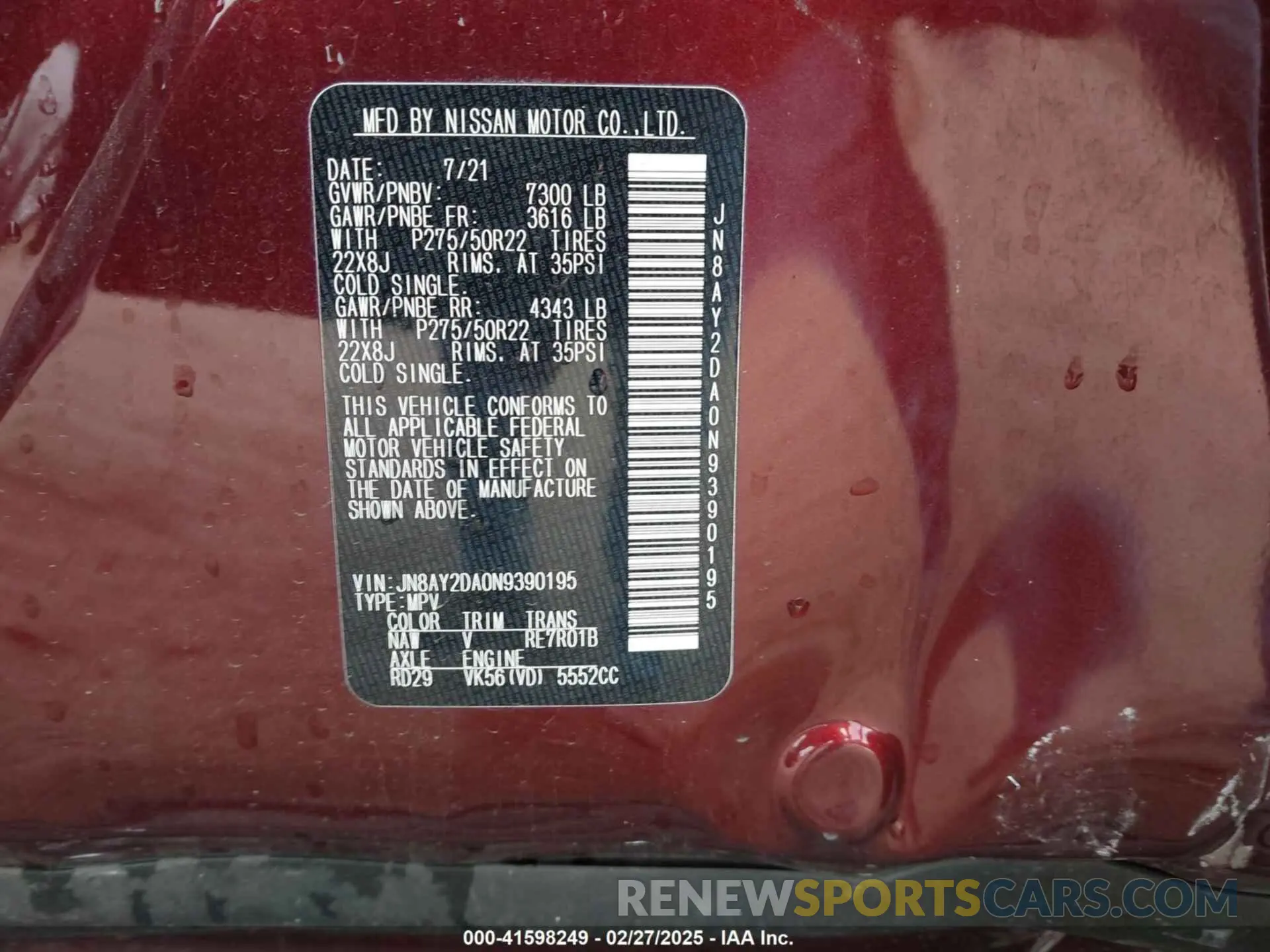 9 Photograph of a damaged car JN8AY2DA0N9390195 NISSAN ARMADA 2022