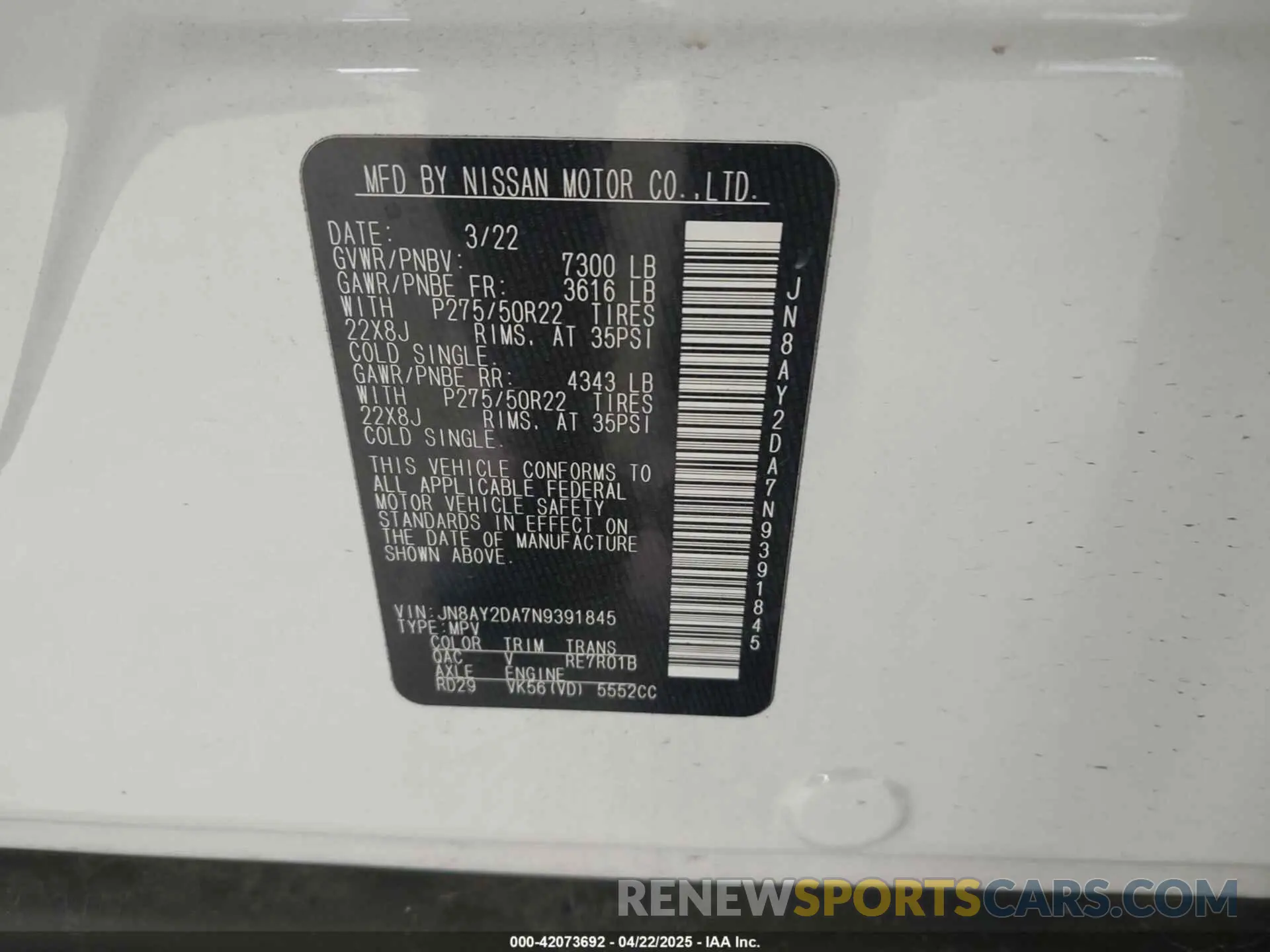9 Photograph of a damaged car JN8AY2DA7N9391845 NISSAN ARMADA 2022