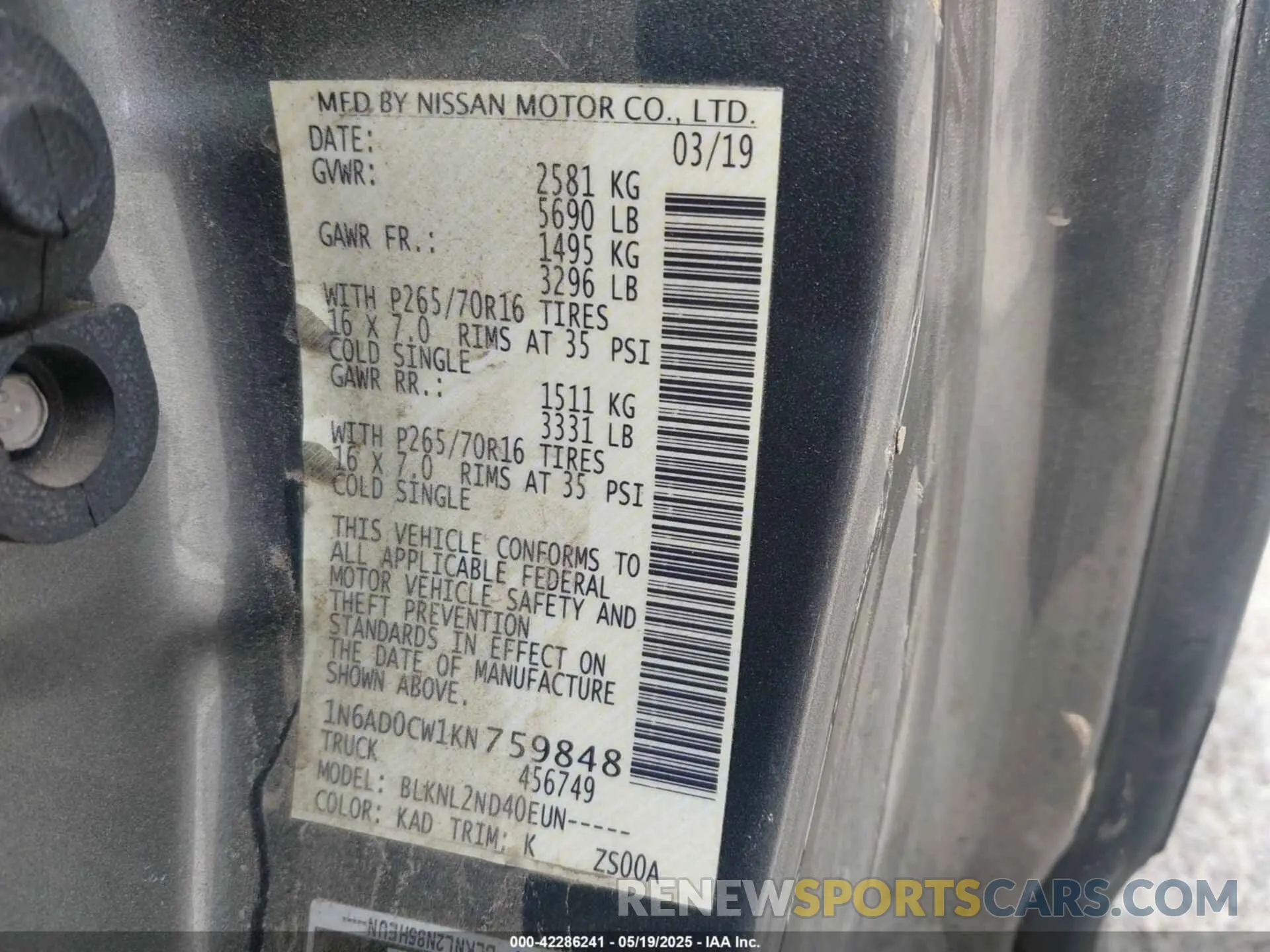 9 Photograph of a damaged car 1N6AD0CW1KN759848 NISSAN FRONTIER 2019