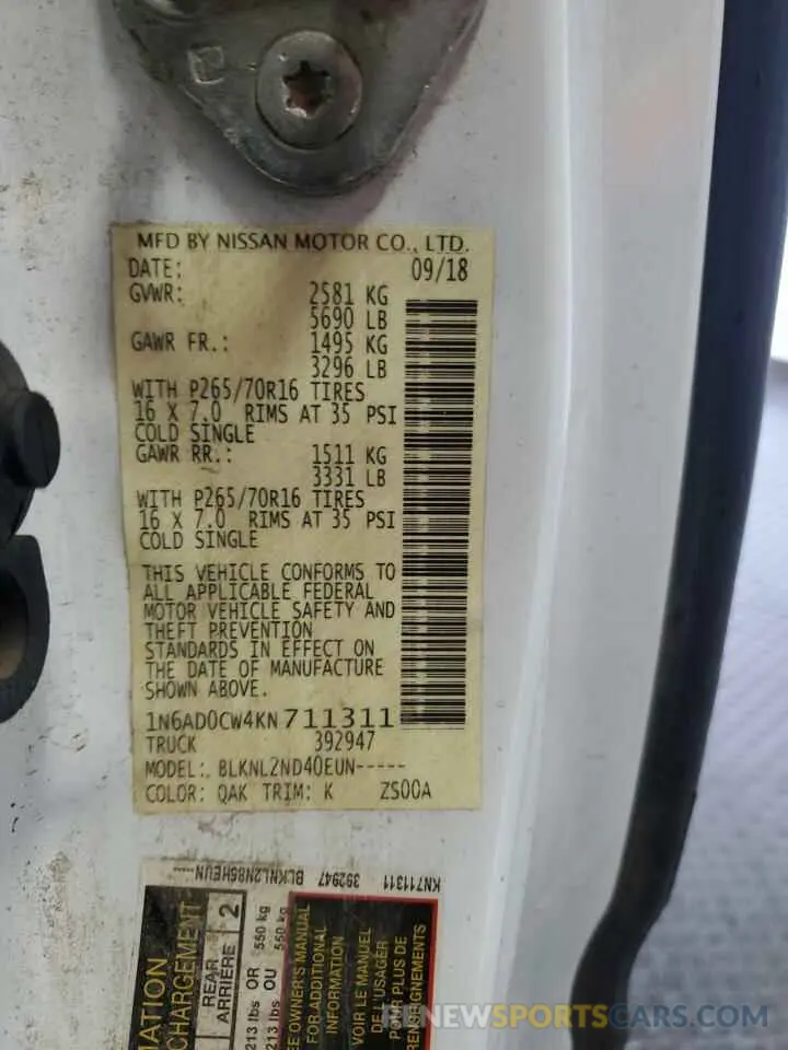 12 Photograph of a damaged car 1N6AD0CW4KN711311 NISSAN FRONTIER 2019