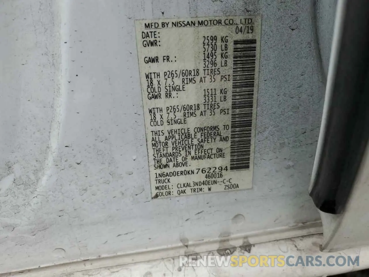 14 Photograph of a damaged car 1N6AD0ER0KN762294 NISSAN FRONTIER 2019