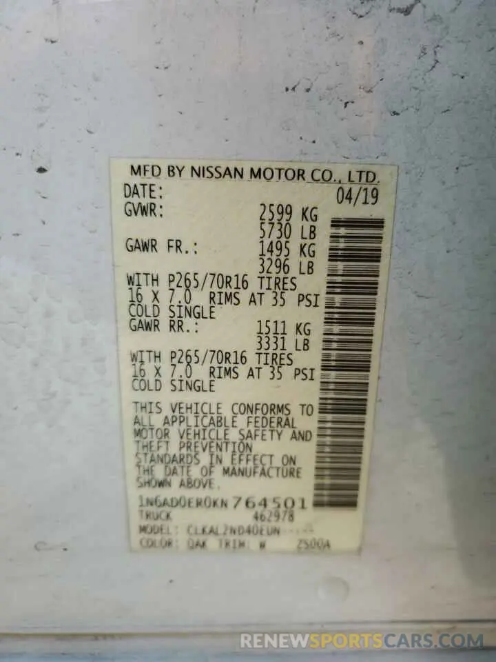 13 Photograph of a damaged car 1N6AD0ER0KN764501 NISSAN FRONTIER 2019