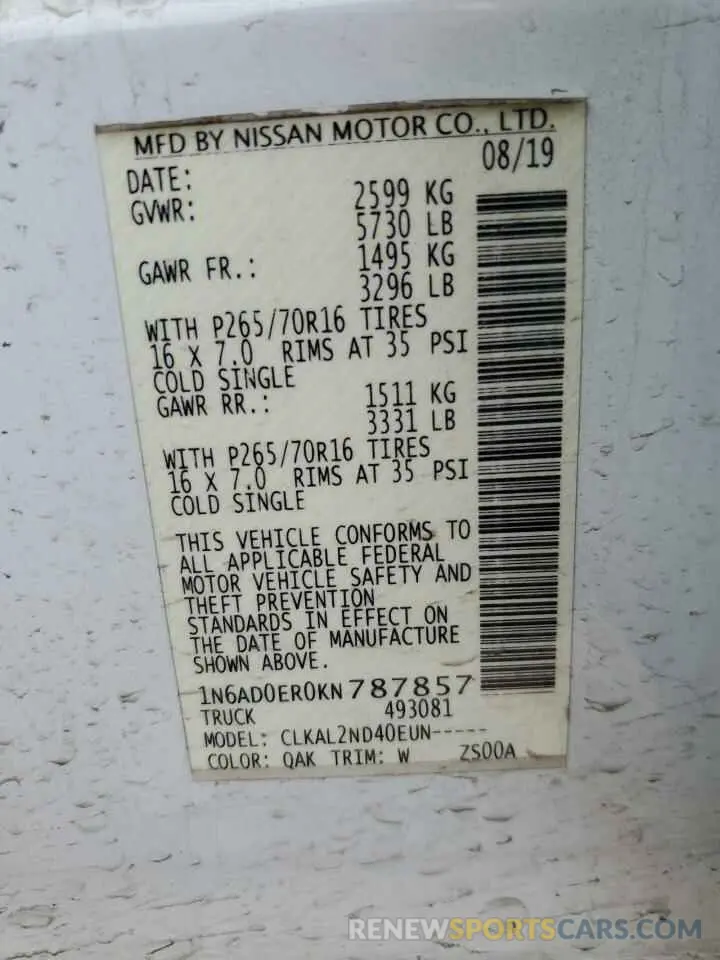 12 Photograph of a damaged car 1N6AD0ER0KN787857 NISSAN FRONTIER 2019