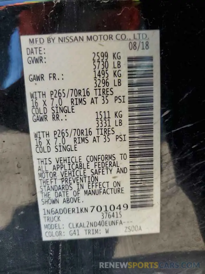 12 Photograph of a damaged car 1N6AD0ER1KN701049 NISSAN FRONTIER 2019