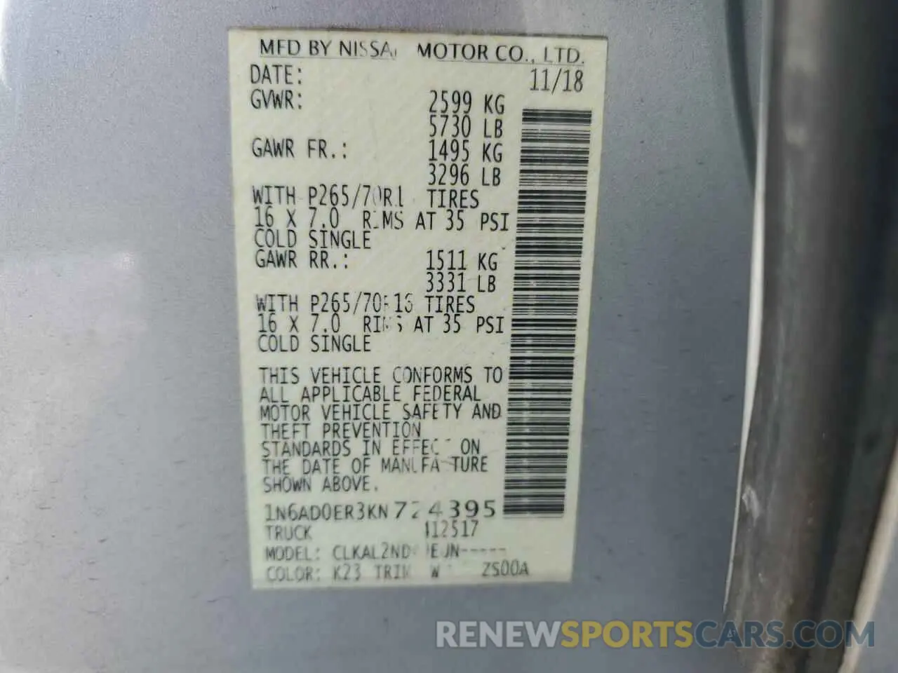 13 Photograph of a damaged car 1N6AD0ER3KN724395 NISSAN FRONTIER 2019
