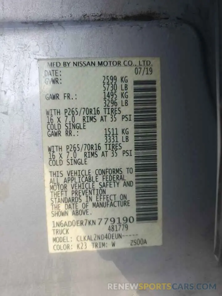 11 Photograph of a damaged car 1N6AD0ER7KN779190 NISSAN FRONTIER 2019