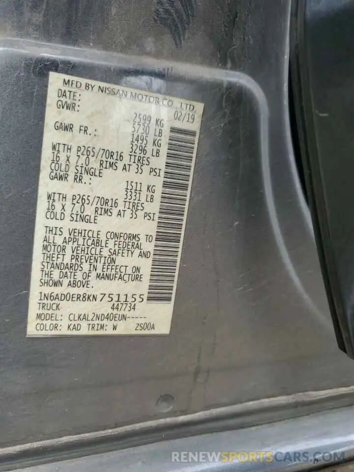 12 Photograph of a damaged car 1N6AD0ER8KN751155 NISSAN FRONTIER 2019