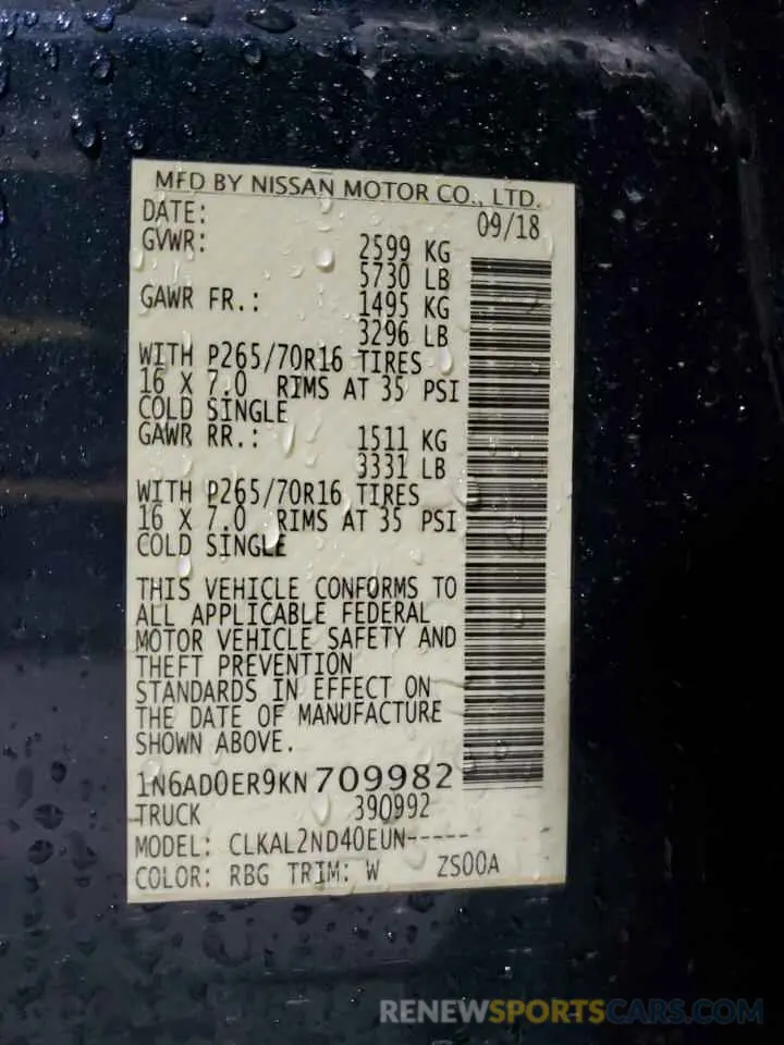 12 Photograph of a damaged car 1N6AD0ER9KN709982 NISSAN FRONTIER 2019