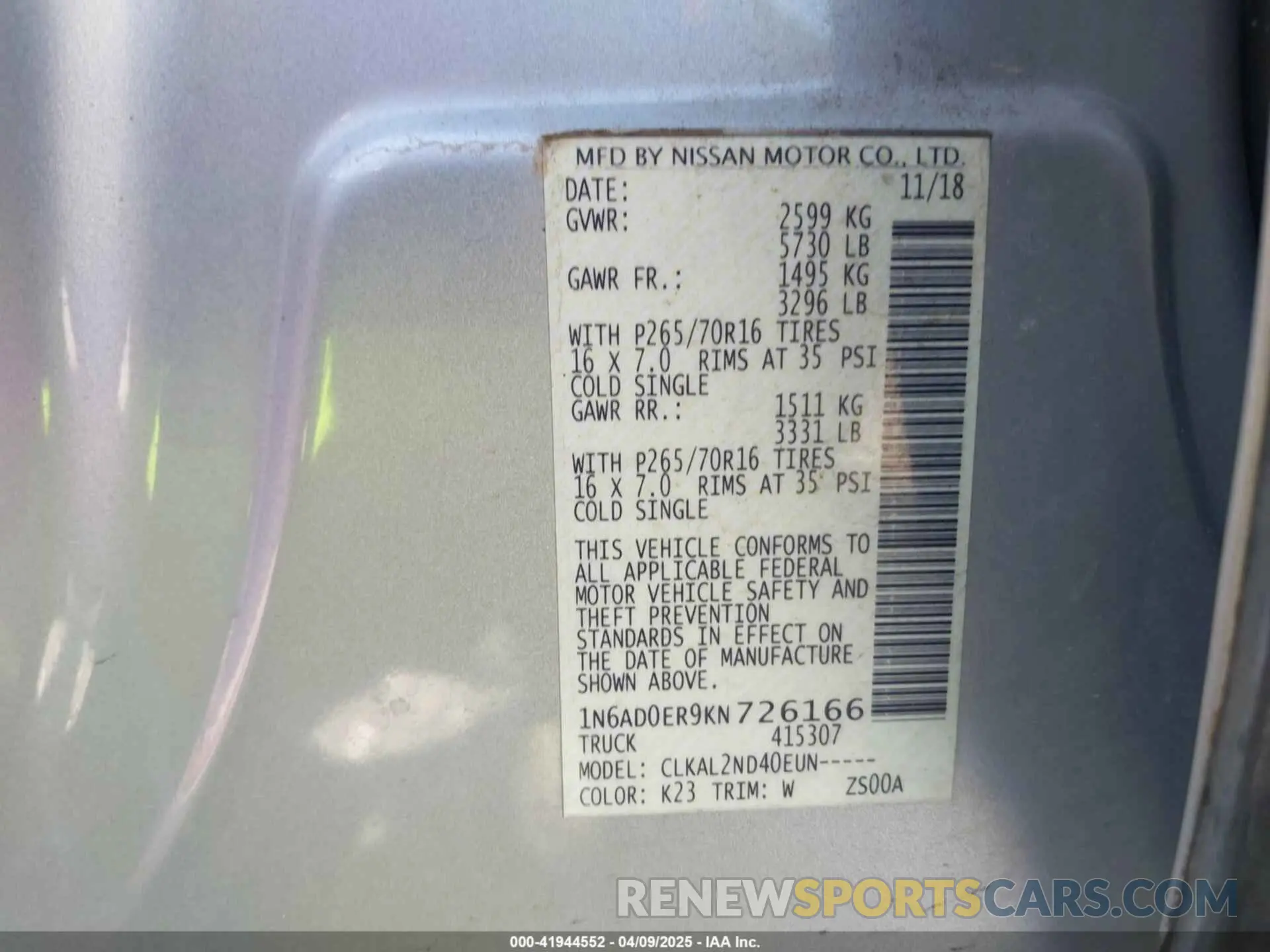 9 Photograph of a damaged car 1N6AD0ER9KN726166 NISSAN FRONTIER 2019