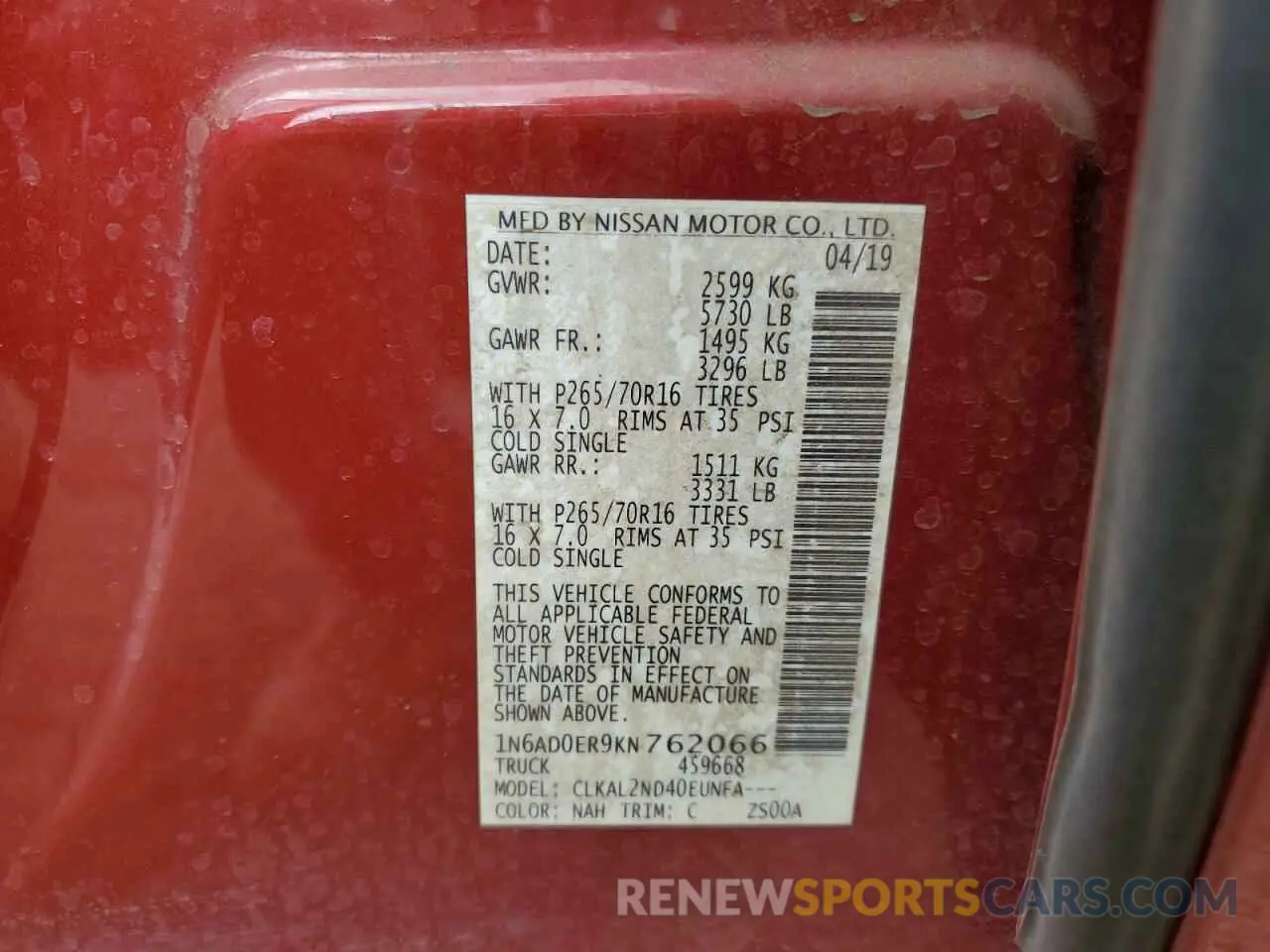 12 Photograph of a damaged car 1N6AD0ER9KN762066 NISSAN FRONTIER 2019