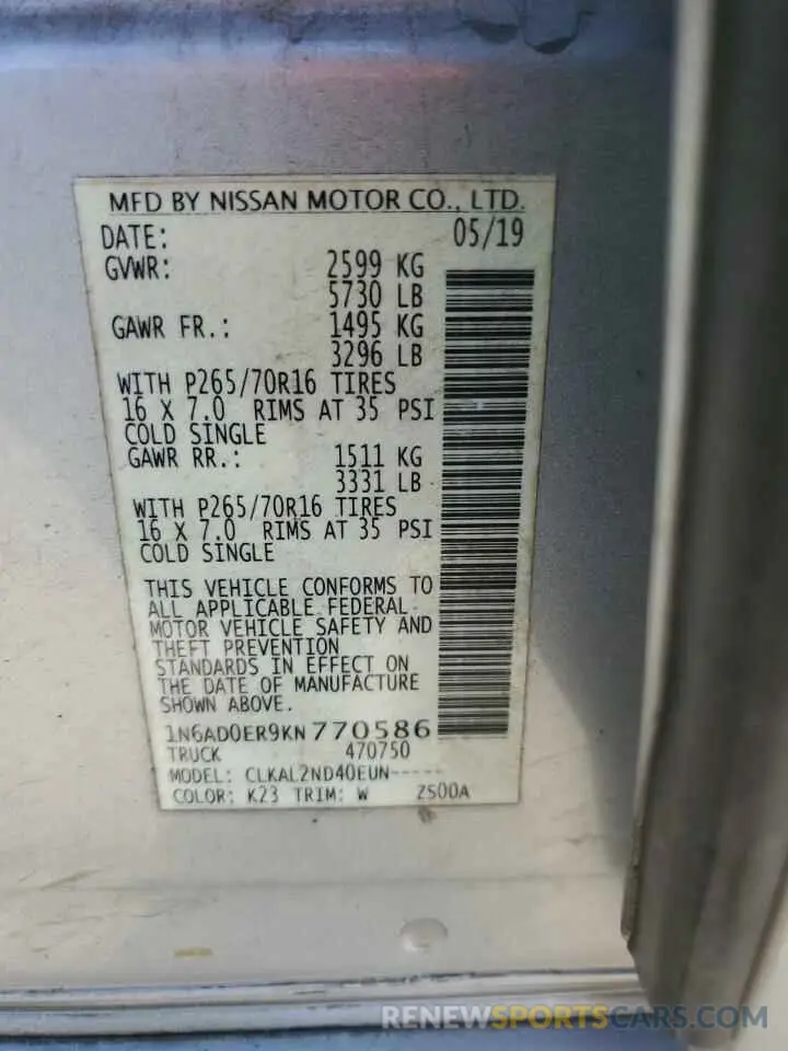 12 Photograph of a damaged car 1N6AD0ER9KN770586 NISSAN FRONTIER 2019