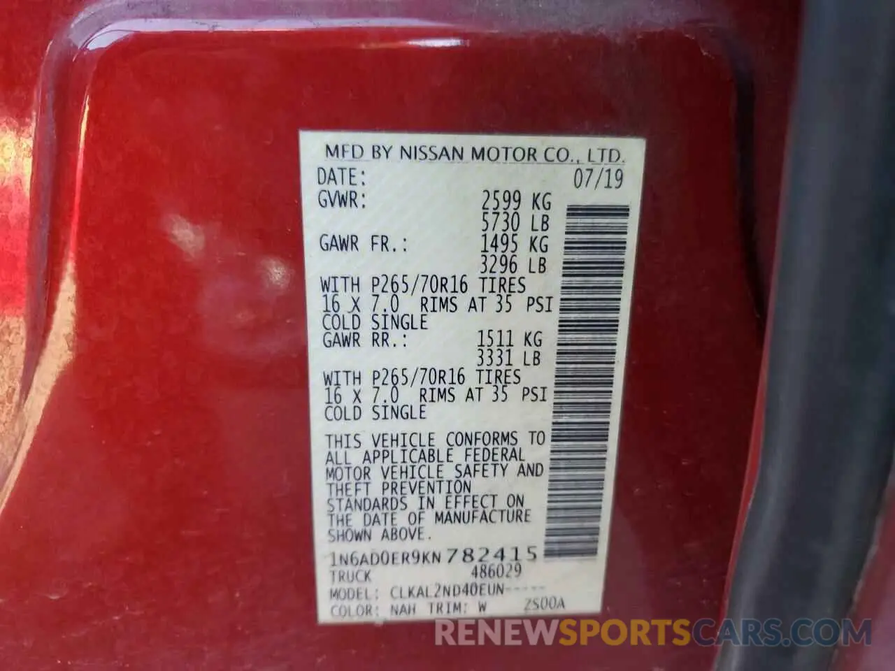 12 Photograph of a damaged car 1N6AD0ER9KN782415 NISSAN FRONTIER 2019