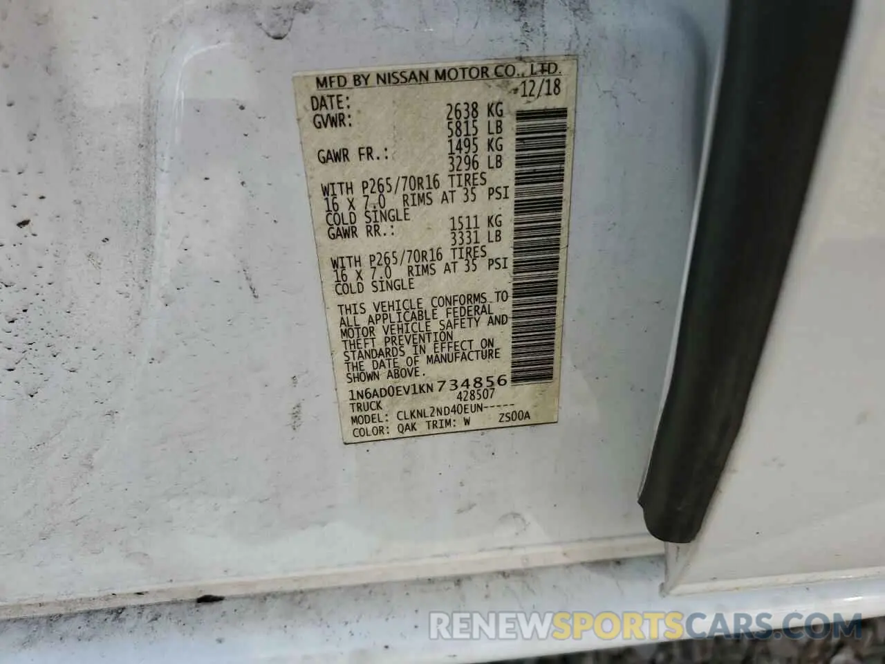 12 Photograph of a damaged car 1N6AD0EV1KN734856 NISSAN FRONTIER 2019