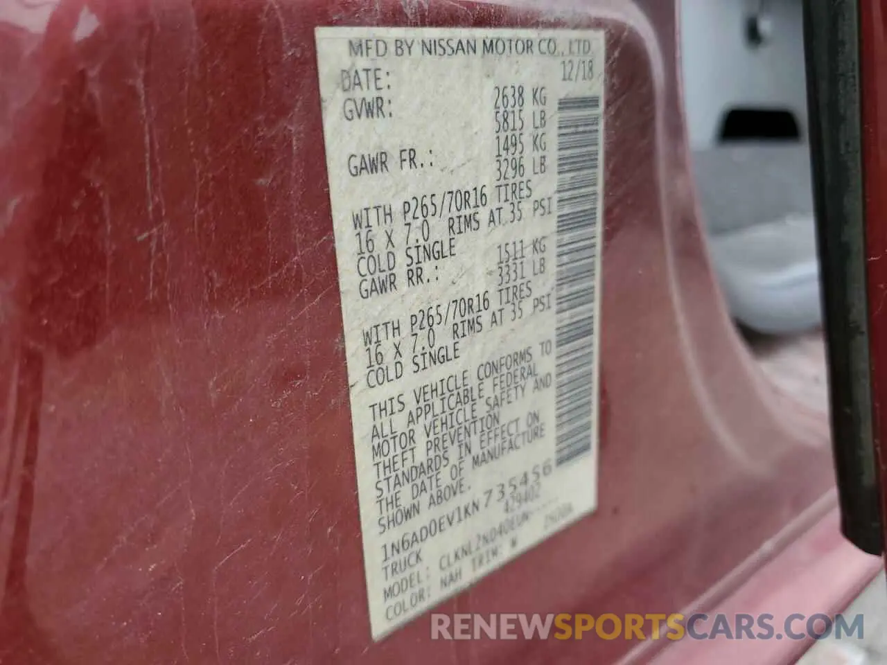 14 Photograph of a damaged car 1N6AD0EV1KN735456 NISSAN FRONTIER 2019