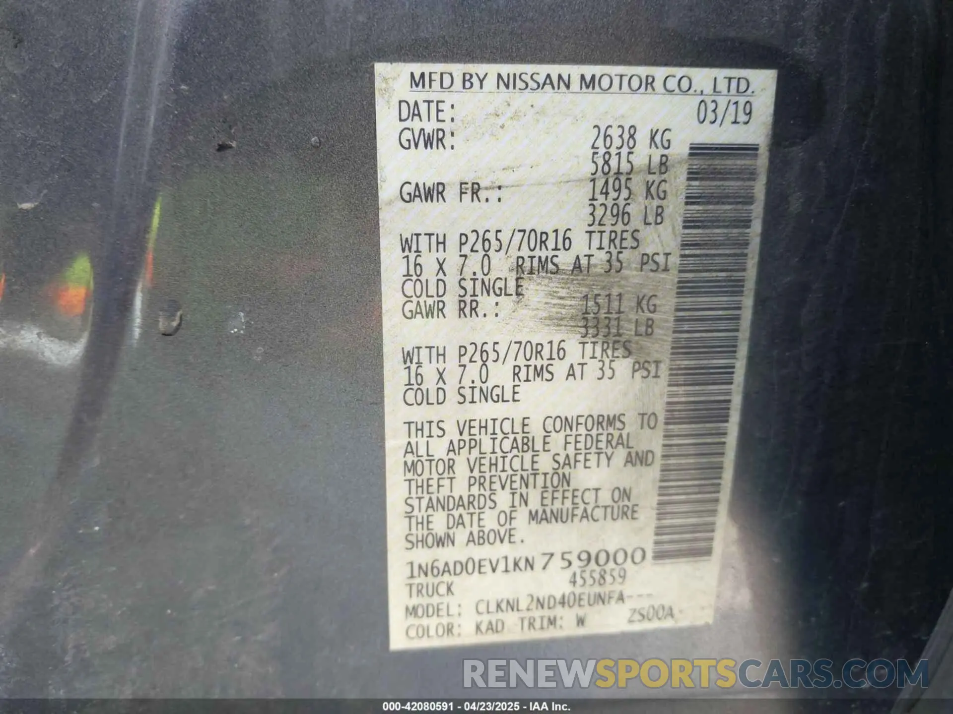 9 Photograph of a damaged car 1N6AD0EV1KN759000 NISSAN FRONTIER 2019