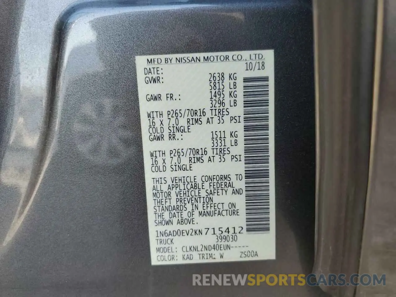 12 Photograph of a damaged car 1N6AD0EV2KN715412 NISSAN FRONTIER 2019