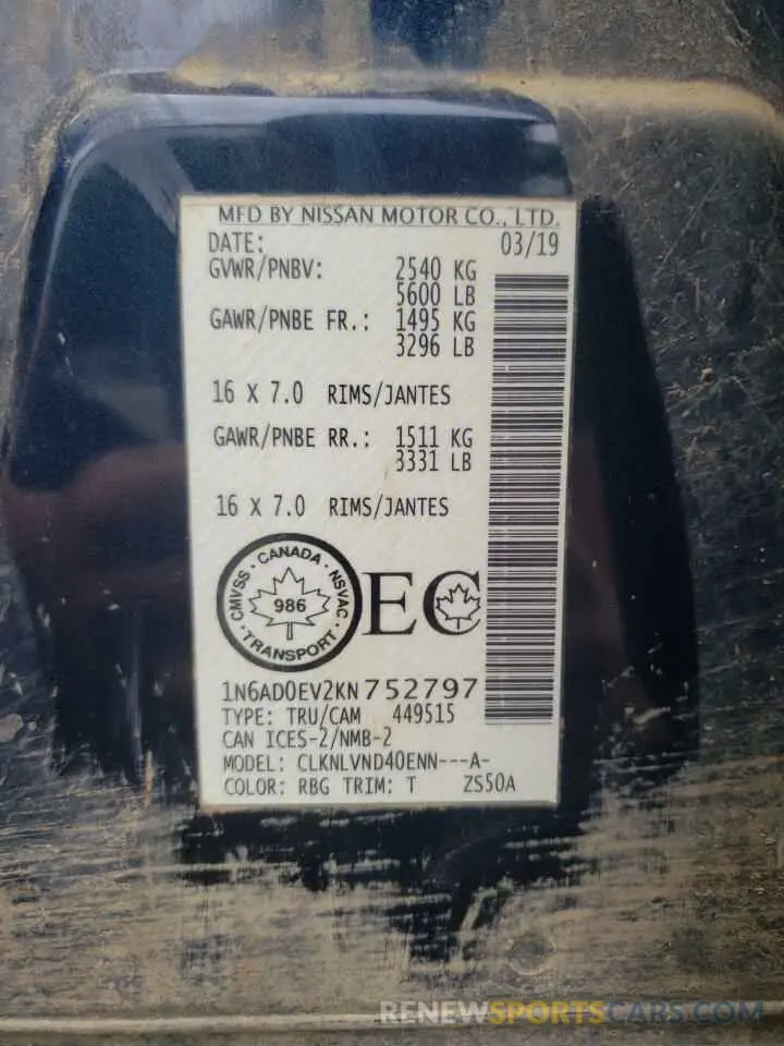 12 Photograph of a damaged car 1N6AD0EV2KN752797 NISSAN FRONTIER 2019