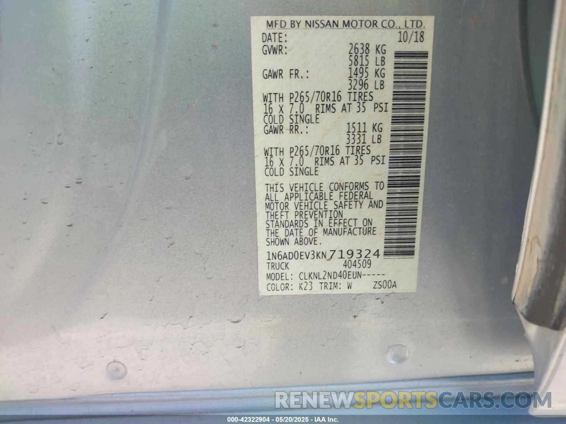 9 Photograph of a damaged car 1N6AD0EV3KN719324 NISSAN FRONTIER 2019