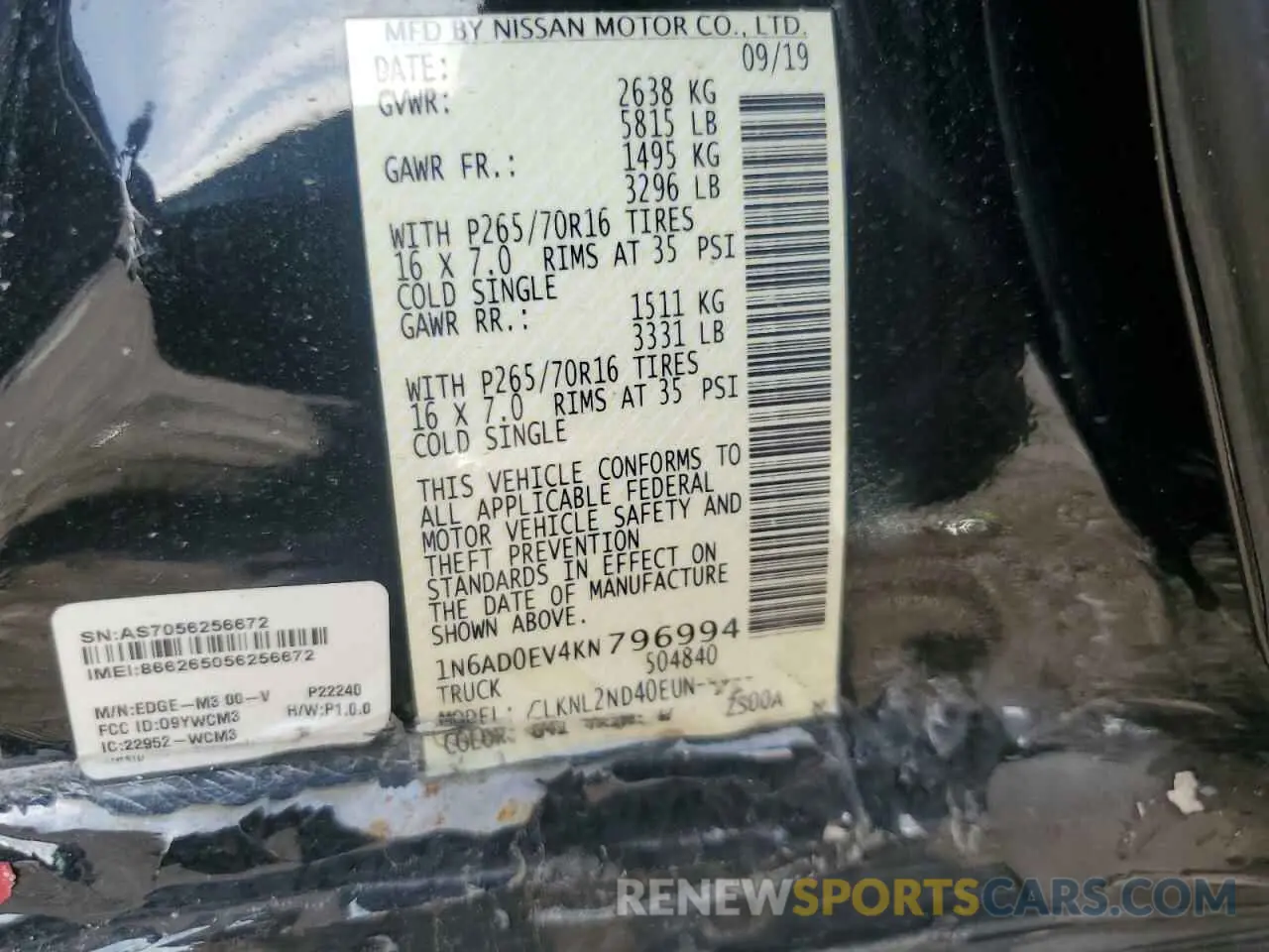 13 Photograph of a damaged car 1N6AD0EV4KN796994 NISSAN FRONTIER 2019