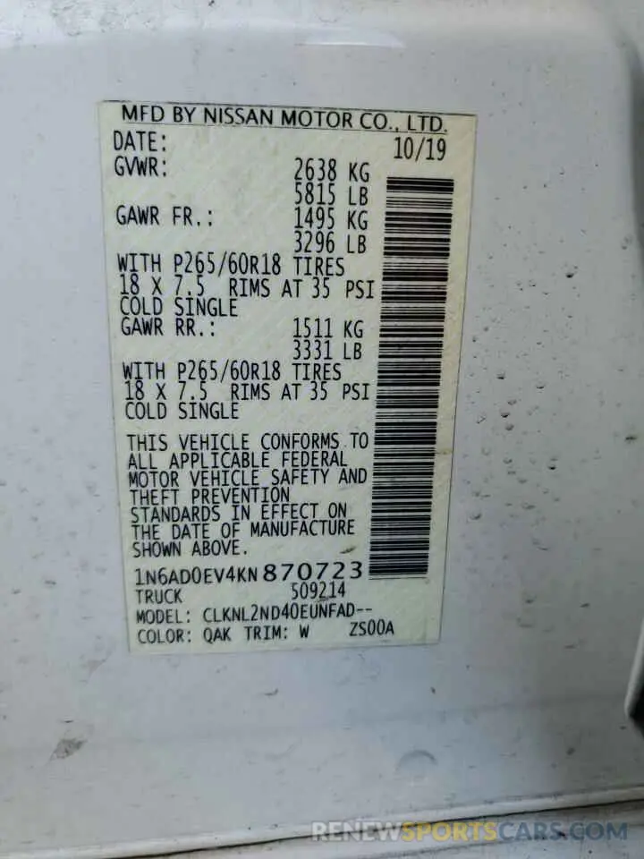 12 Photograph of a damaged car 1N6AD0EV4KN870723 NISSAN FRONTIER 2019