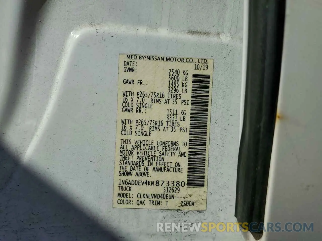 12 Photograph of a damaged car 1N6AD0EV4KN873380 NISSAN FRONTIER 2019