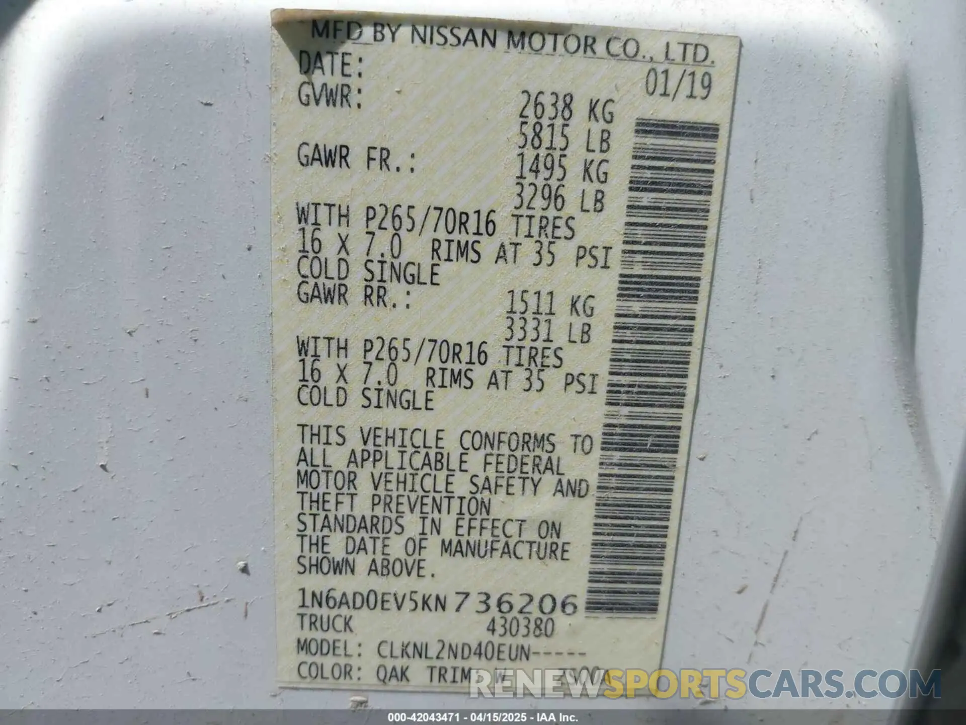 9 Photograph of a damaged car 1N6AD0EV5KN736206 NISSAN FRONTIER 2019