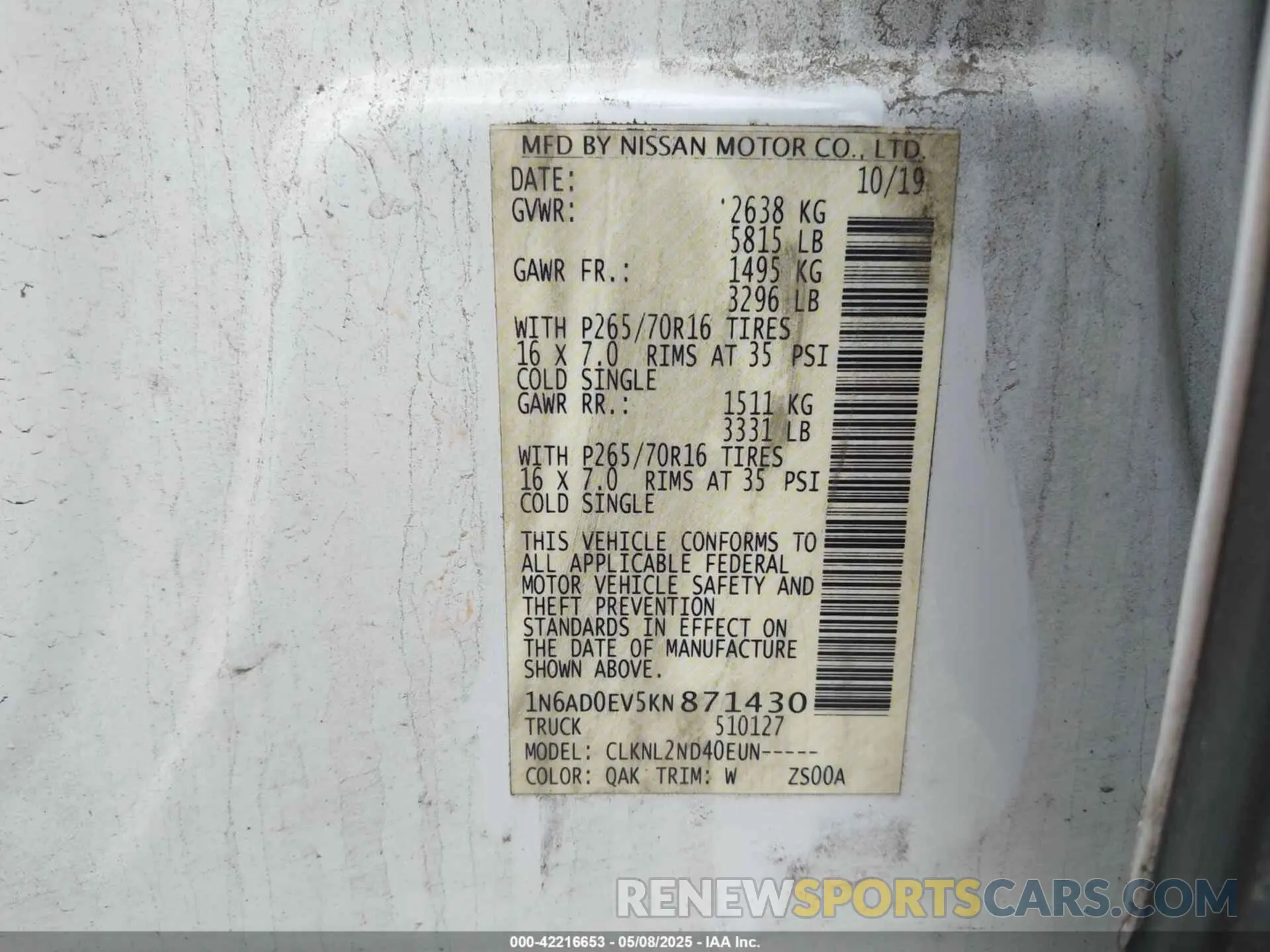 9 Photograph of a damaged car 1N6AD0EV5KN871430 NISSAN FRONTIER 2019