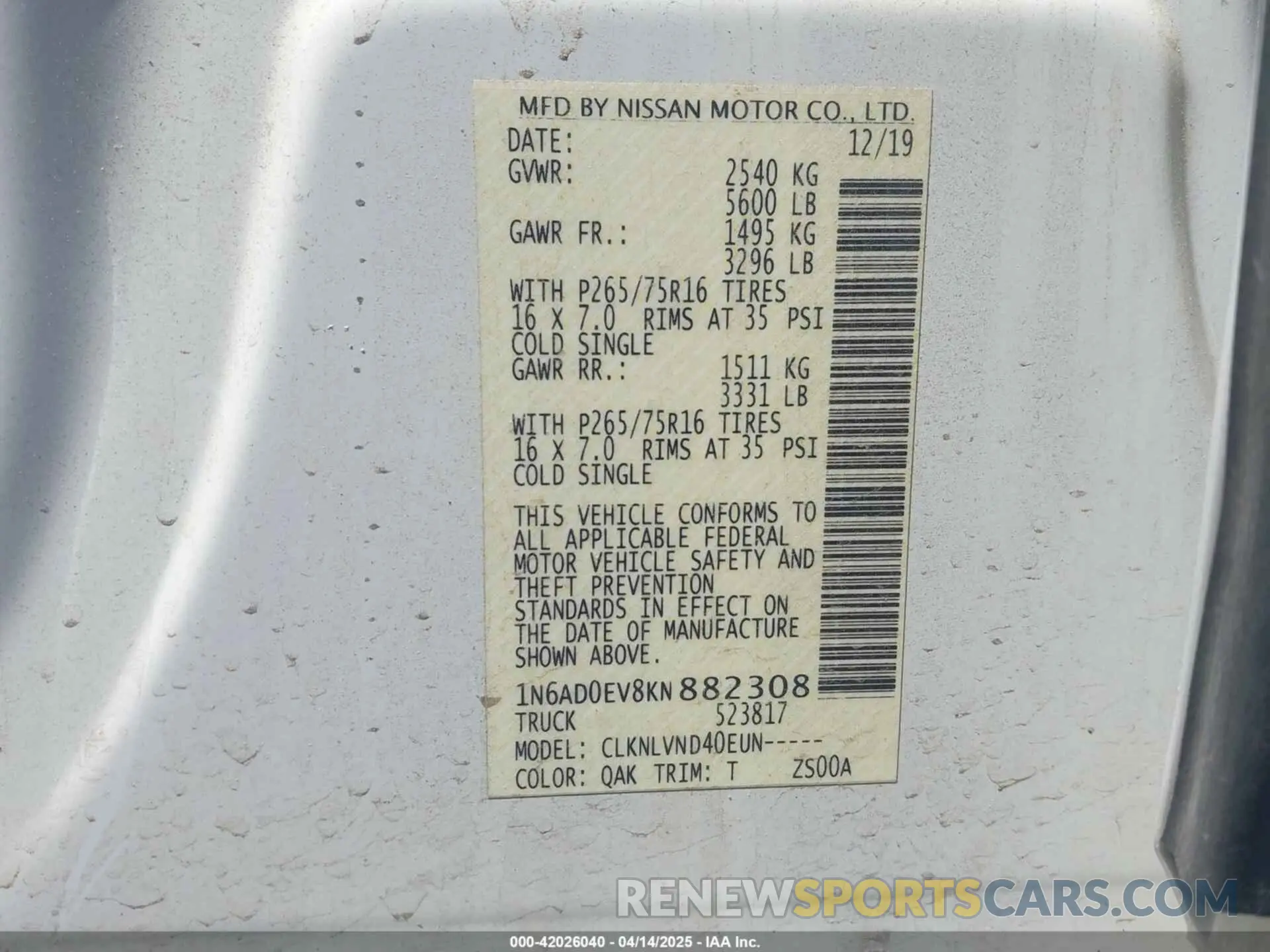 9 Photograph of a damaged car 1N6AD0EV8KN882308 NISSAN FRONTIER 2019