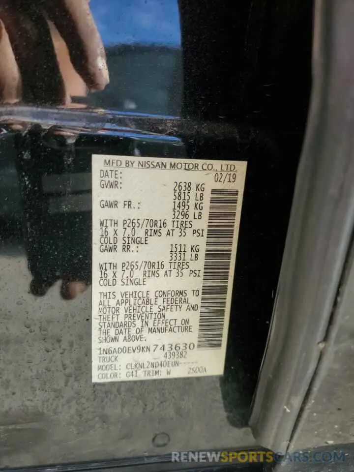 12 Photograph of a damaged car 1N6AD0EV9KN743630 NISSAN FRONTIER 2019