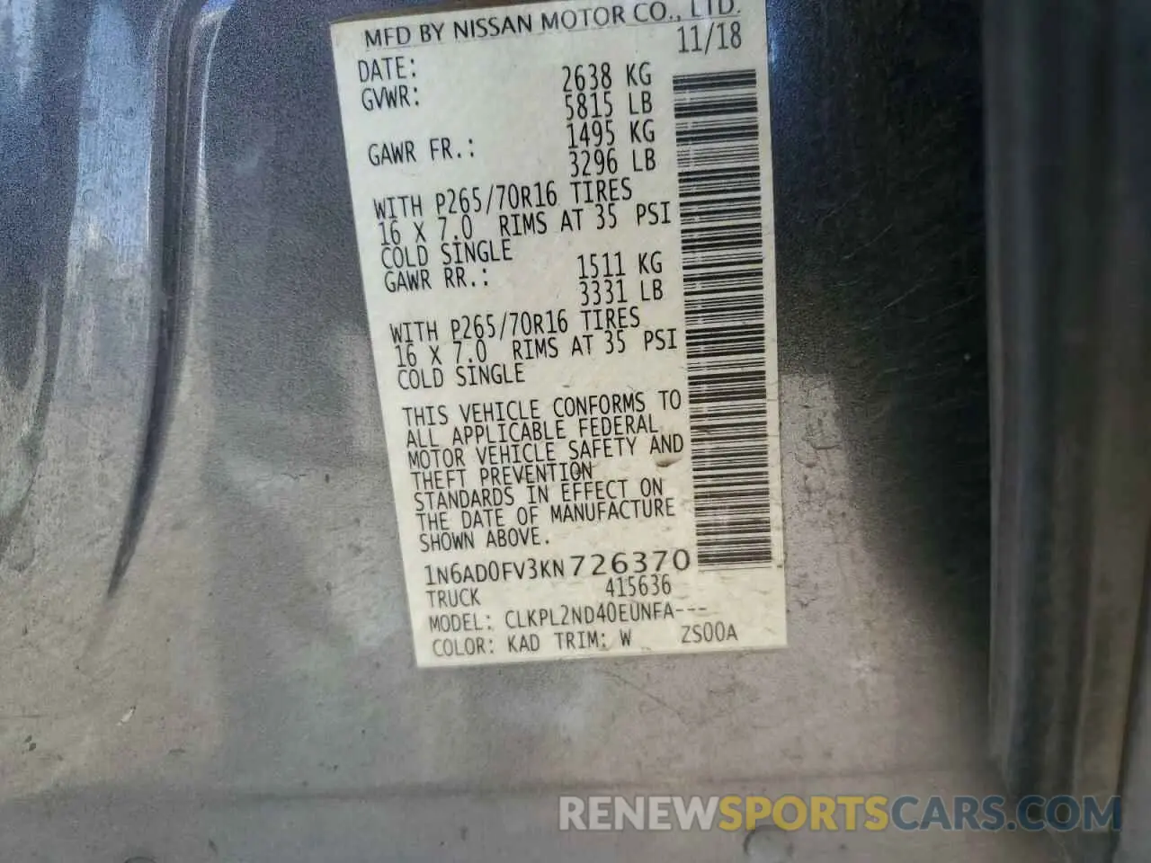 14 Photograph of a damaged car 1N6AD0FV3KN726370 NISSAN FRONTIER 2019