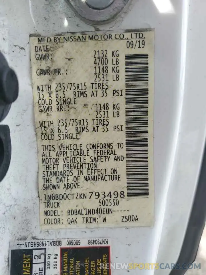 12 Photograph of a damaged car 1N6BD0CT2KN793498 NISSAN FRONTIER 2019