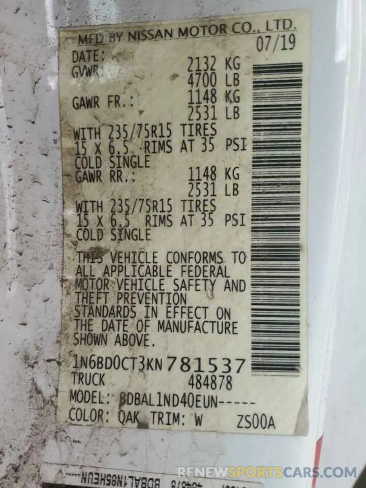 12 Photograph of a damaged car 1N6BD0CT3KN781537 NISSAN FRONTIER 2019