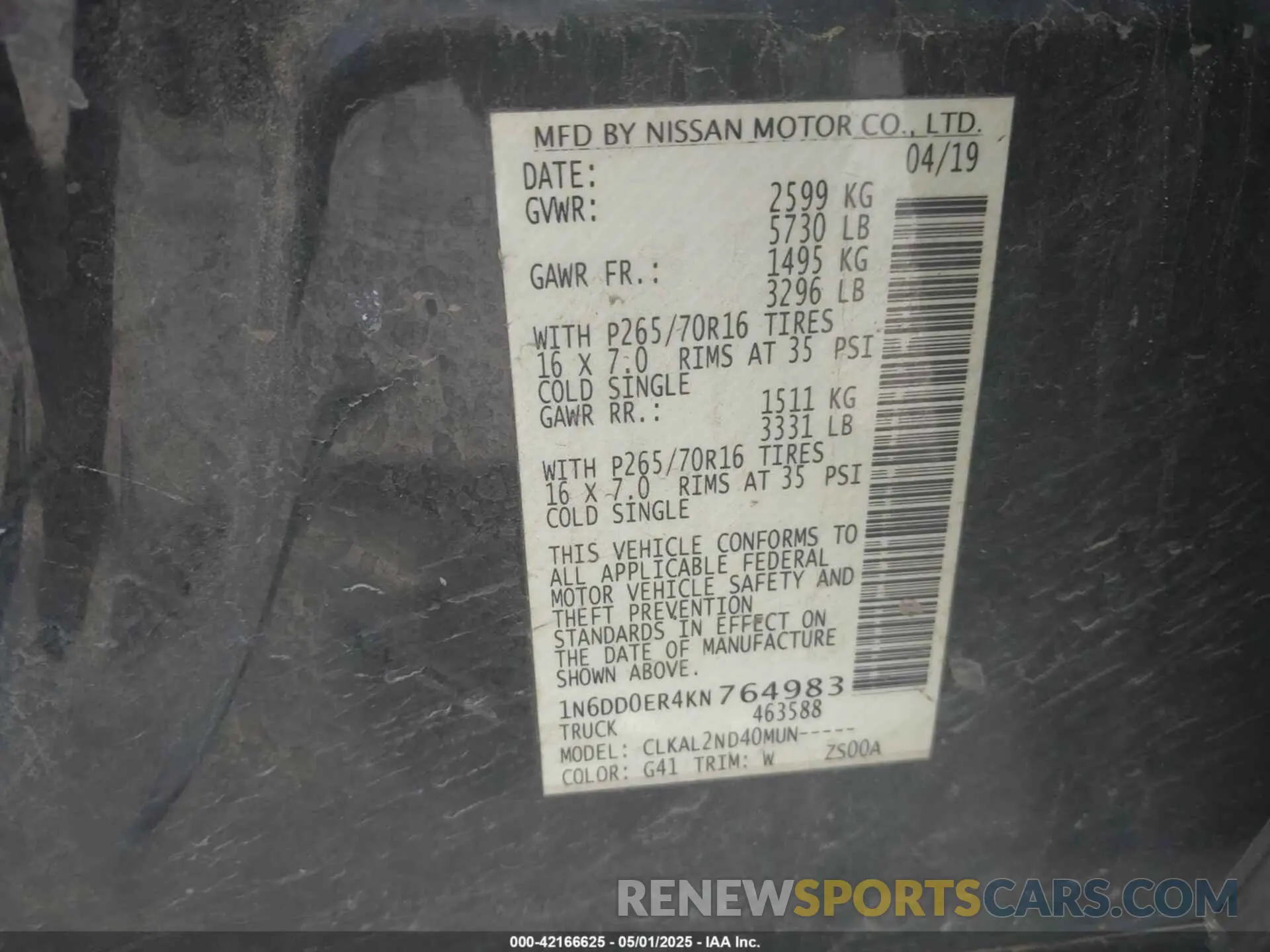 9 Photograph of a damaged car 1N6DD0ER4KN764983 NISSAN FRONTIER 2019