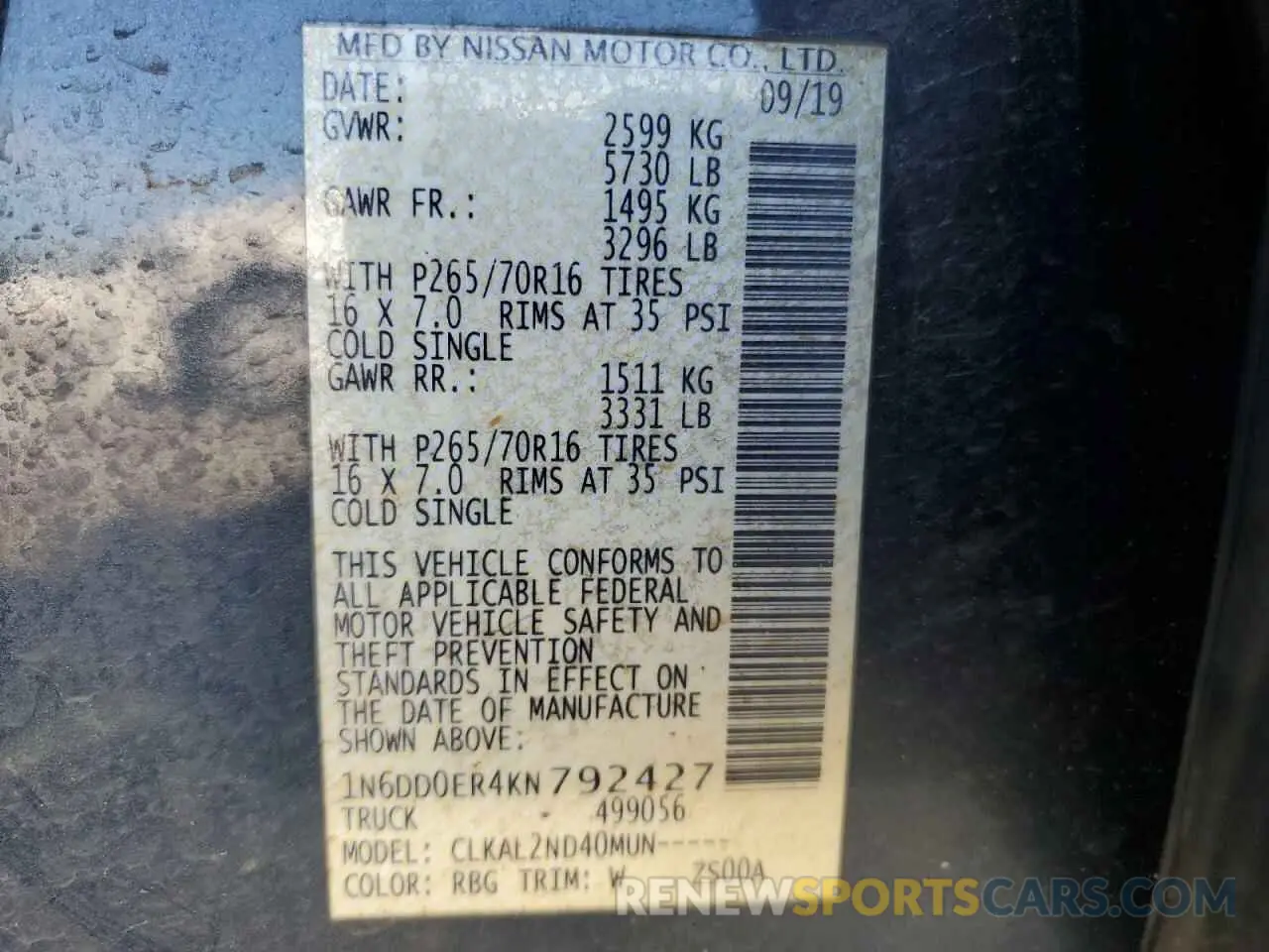 12 Photograph of a damaged car 1N6DD0ER4KN792427 NISSAN FRONTIER 2019