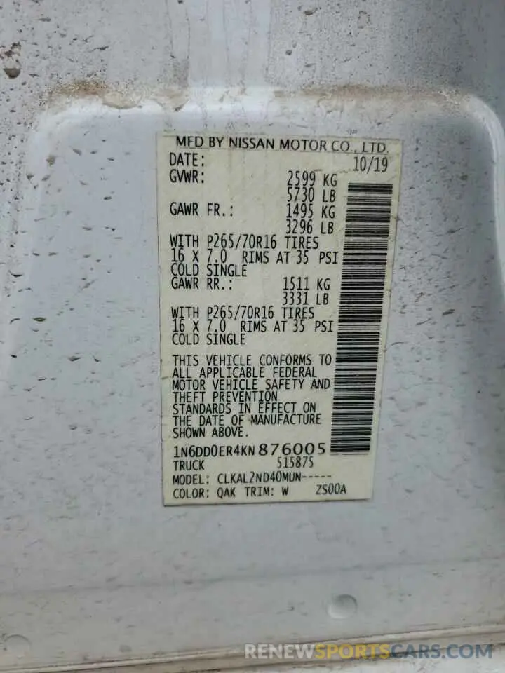 12 Photograph of a damaged car 1N6DD0ER4KN876005 NISSAN FRONTIER 2019
