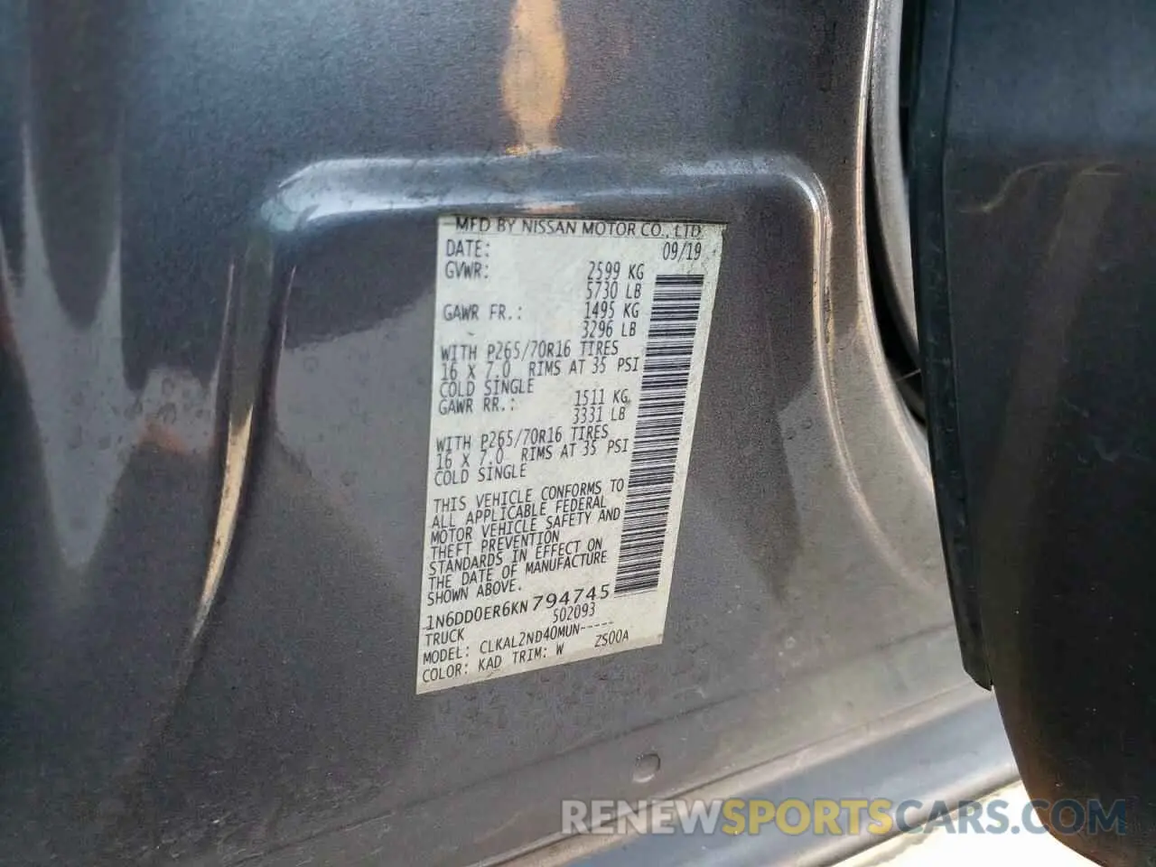 14 Photograph of a damaged car 1N6DD0ER6KN794745 NISSAN FRONTIER 2019