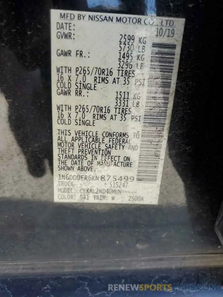 12 Photograph of a damaged car 1N6DD0ER6KN875499 NISSAN FRONTIER 2019